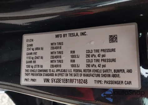 2024 Tesla Model 3 Long Range Dual Motor All-Wheel Drive из США, поврежденный, VIN 5YJ3E1EB1RF718248
